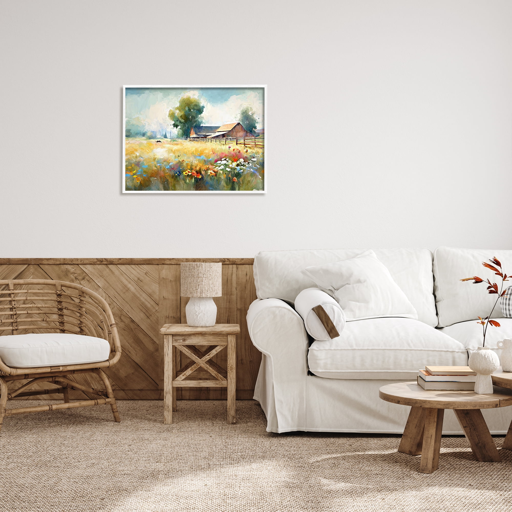 Stupell Industries Barn in Meadow Painting Landscape Painting White Framed Art Print Wall Art, 30 x 24