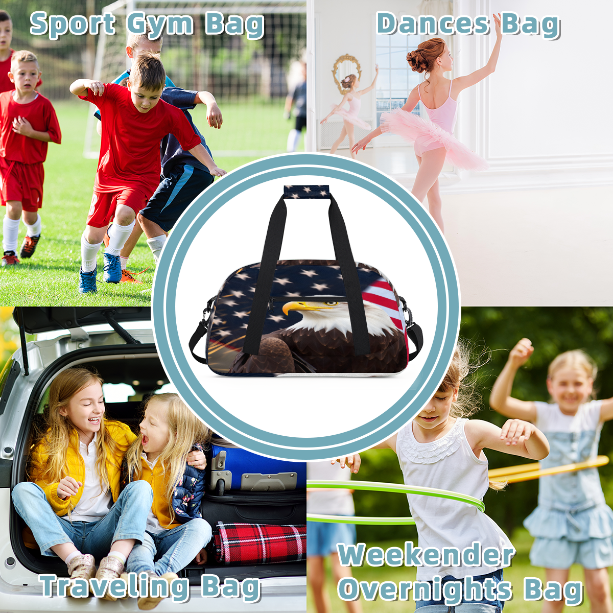 Herdesigns American Flag Eagles Sports Duffle Bag for Women & Men, 4th of July Gym Bag Dance Bag Overnight Bag Carry On Weekender Travel Bag