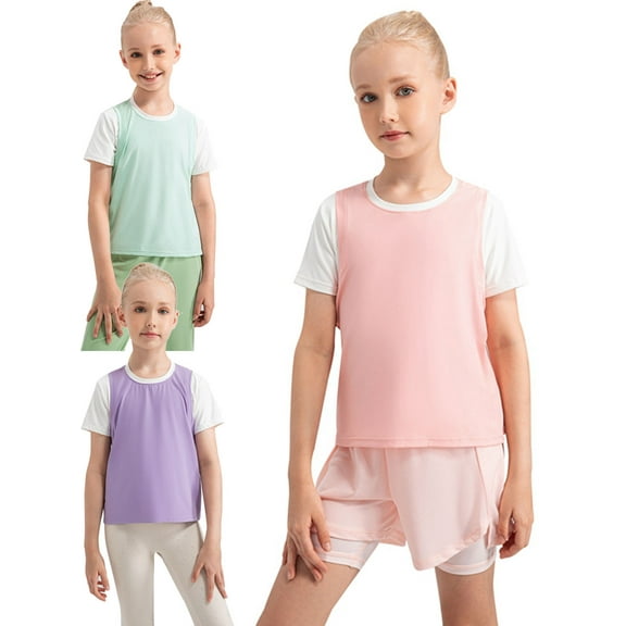 5-12Y Kid Girls Athletic Tops Open Tie Back Short Sleeves Workout Running Tennis Sports Shirts