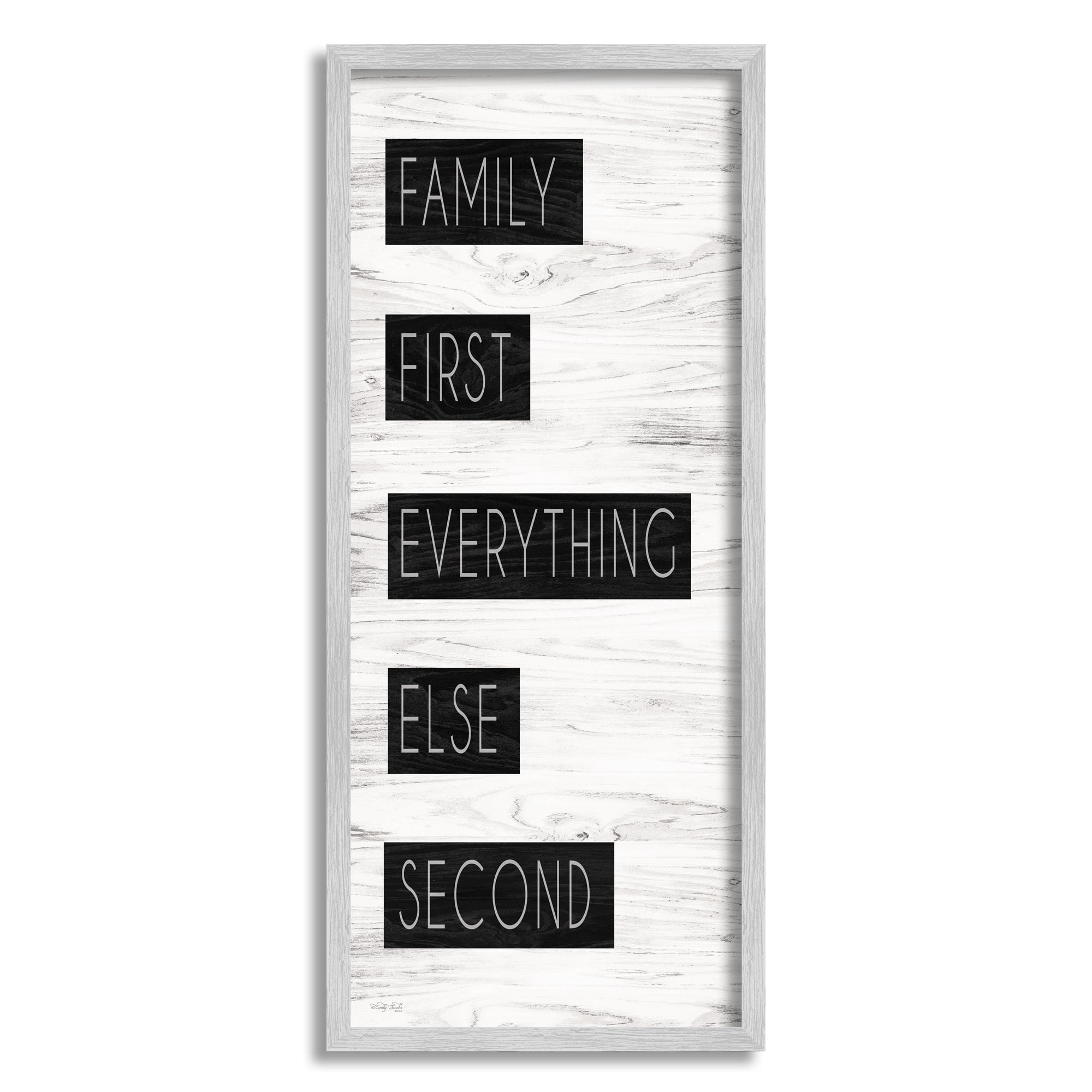 Stupell Industries Family First Loving Phrase Rustic Birch Pattern Graphic Art Gray Framed Art Print Wall Art, Design by Cindy Jacobs