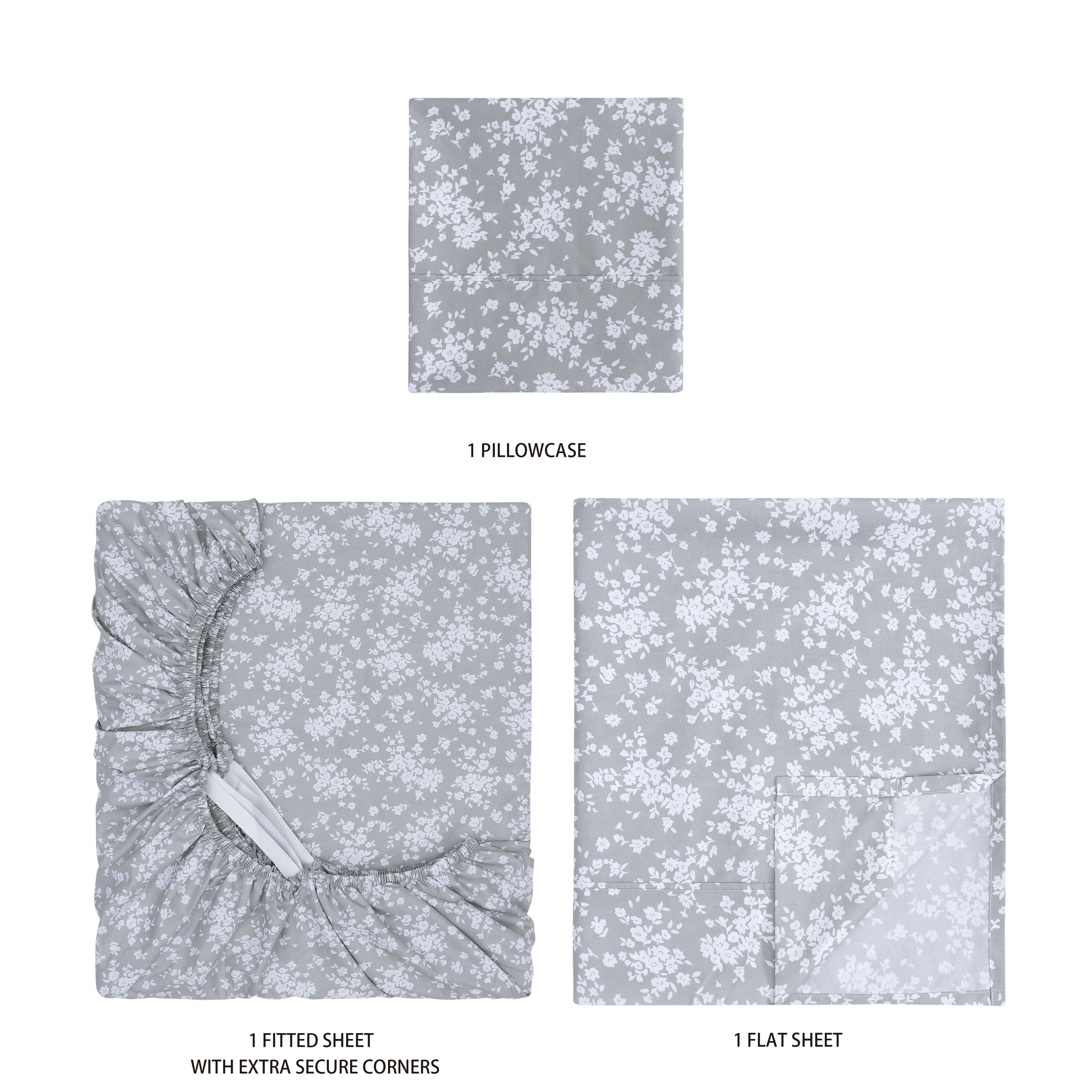 Mainstays Super Soft Brushed Microfiber Bed Sheet Set, Gray Floral, Twin-XL, 3 Piece
