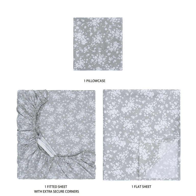 Mainstays Microfiber Bed Sheet Set Twin XL Gray Floral 3 Piece