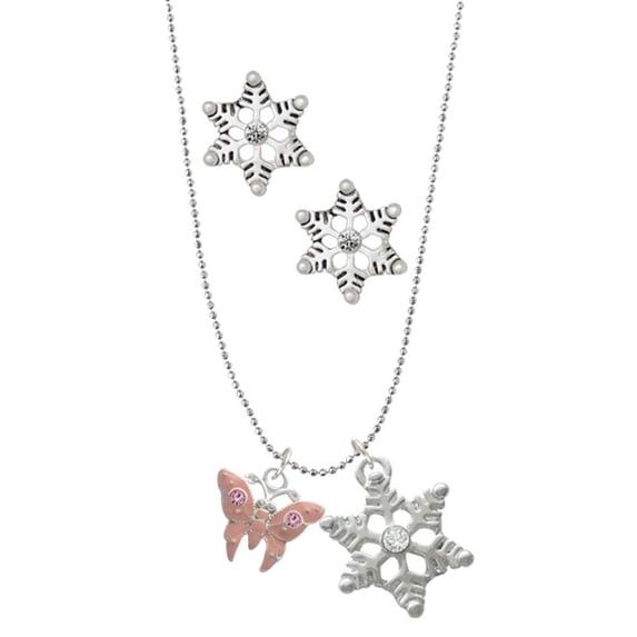 Delight Jewelry Silvertone Pink Butterfly with 2 Pink Crystals Silver tone Snowflake Charm Necklace and Stud Earrings