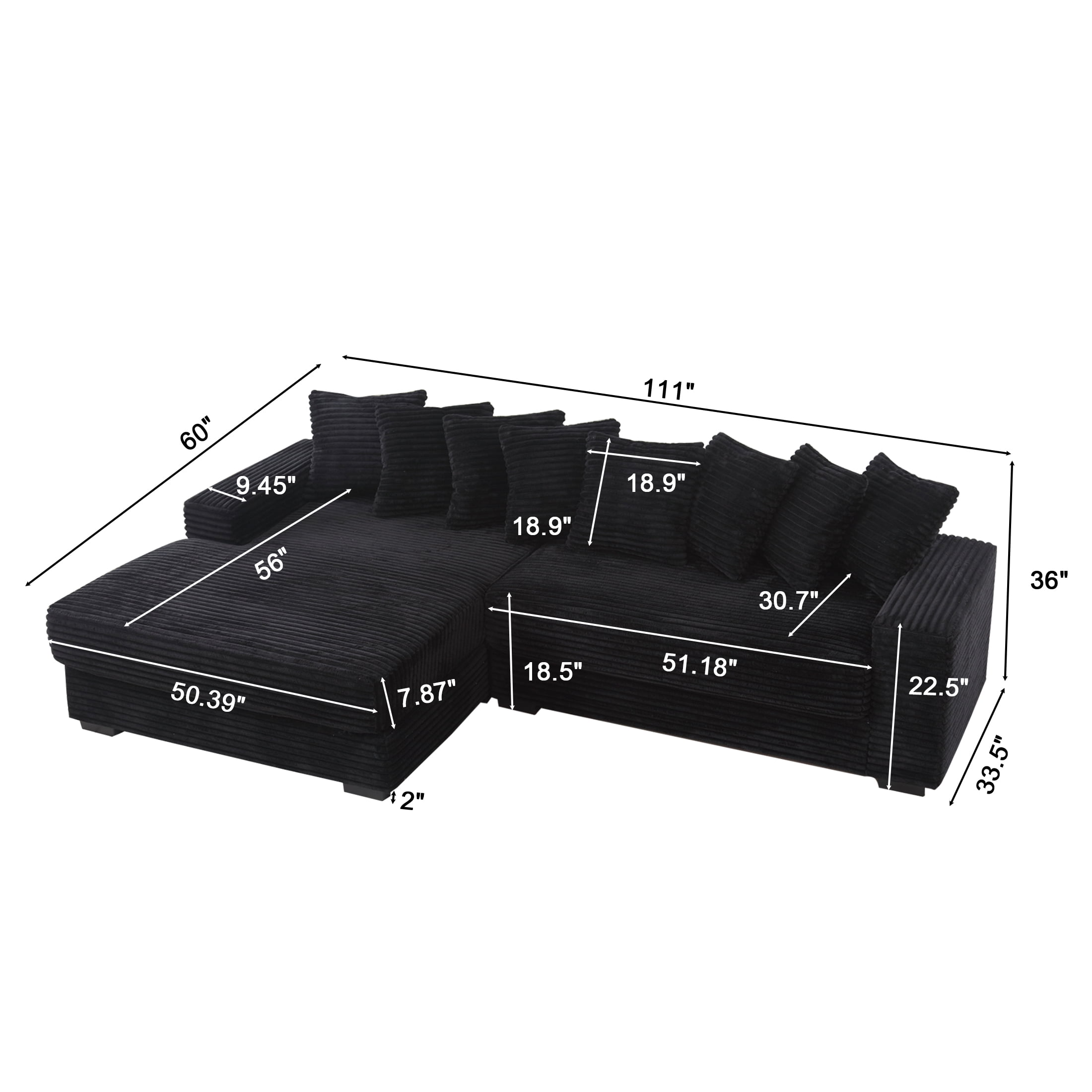 EPOWP Modular Sectional Sofa with 8 Pillows, 111" L Shaped Deep-Seating Couch for Living Room, Black(Left)