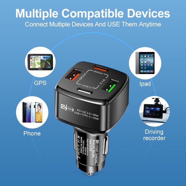 4 puertos USB dual tipo C PD 38W Cargador de coche para teléfono móvil Adaptador de carga rápida