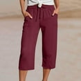thumbnail image 2 of Tianiyouqing Linen Capri Drawstring Pants for Women Elastic Waist High Waisted Wide Leg Palazzo Cropped Trousers Petite Length Lightweight Gauze Pants with Pockets Wine L, 2 of 8