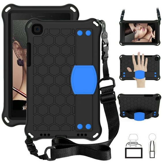 Dteck Shockproof Case Compatible with Samsung Galaxy Tab A 8.0 inch 2019 Model SM-T290 T295 T297, Heavy Duty Rugged Hybrid Drop-Proof Kickstand Case With Shoulder Strap, Black/Blue