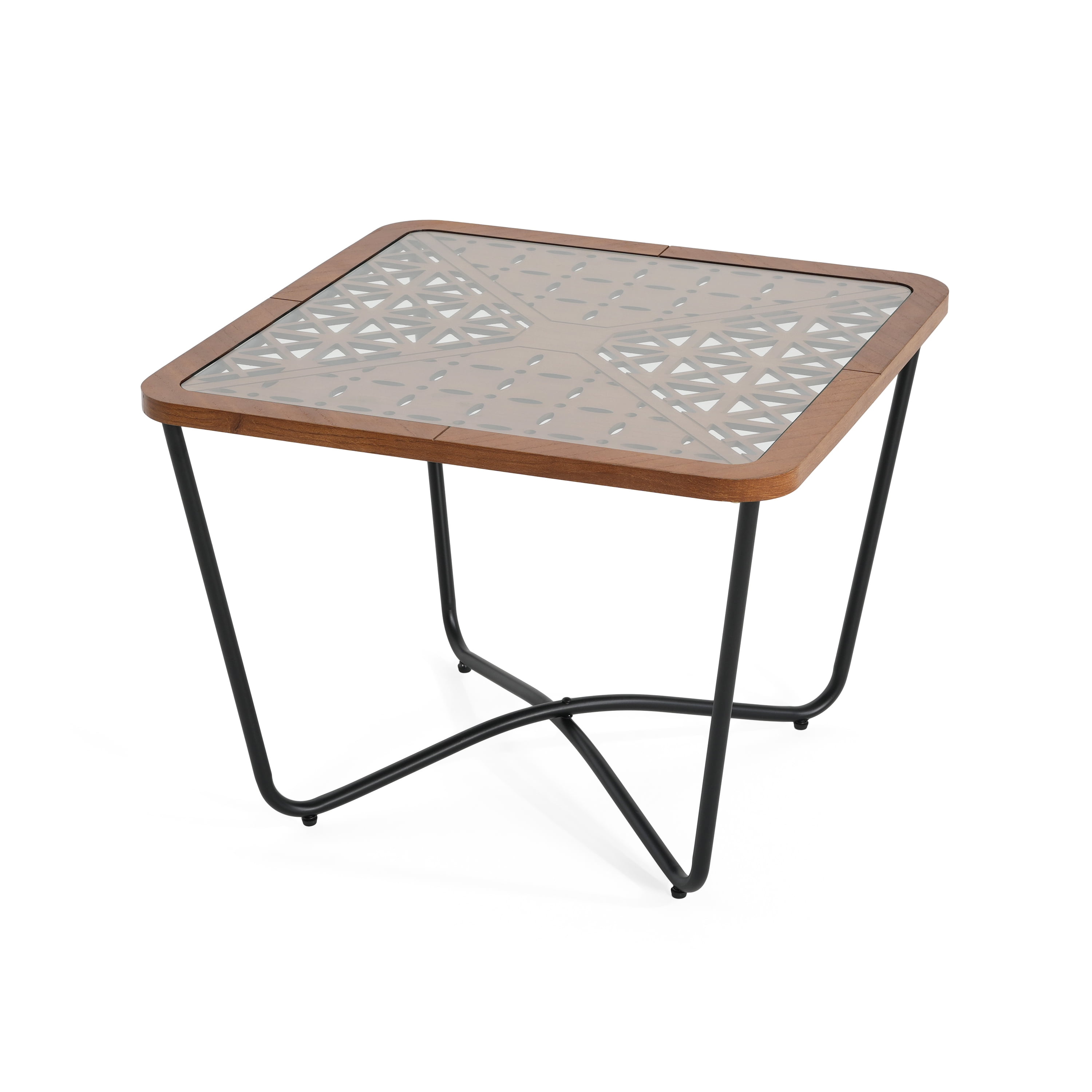 Coffee Table, Modern Square Coffee Table With Geometric Tempered Glass Top Black Metal Frame And Wood Accents, Industrial Design For Living Room, Brown Black