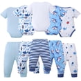 thumbnail image 2 of KIMI BEAR Newborn Baby Boys Layette Set 5 Packs 0-3 Months Shower Gift Sets Romper Top Pants Set Short Sleeves Tops Sharks Print Striped Outfits Clothing Summer 10pcs Clothes Blue, 2 of 11