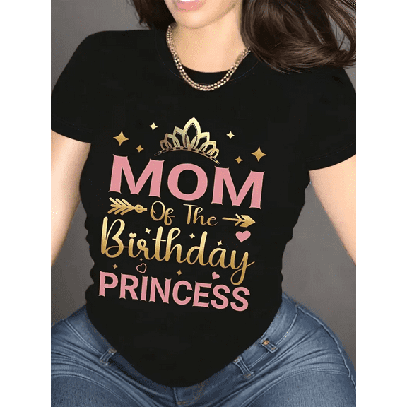 BESTLUCKY Ladies "Birthday Princess Mom" graphic T-shirt - Black, gold and pink print, casual crew neck top for Mother's Day, Birthday Gift and casual wear, Mother's Day Gift for Mom