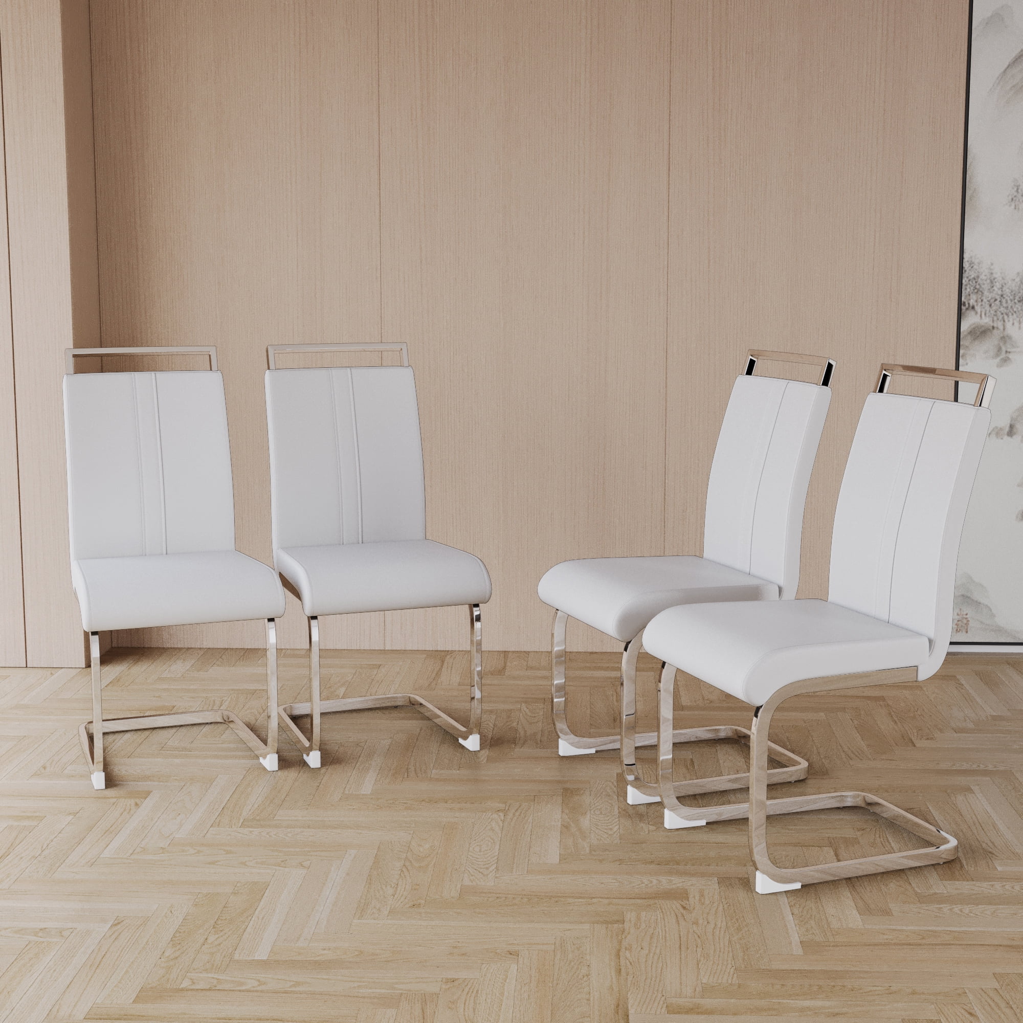 Dining Chairs Set of 2 PU Leather High Back Upholstered Chairs with Gold Metal Legs for Home Kitchen Dining Room Patio, White