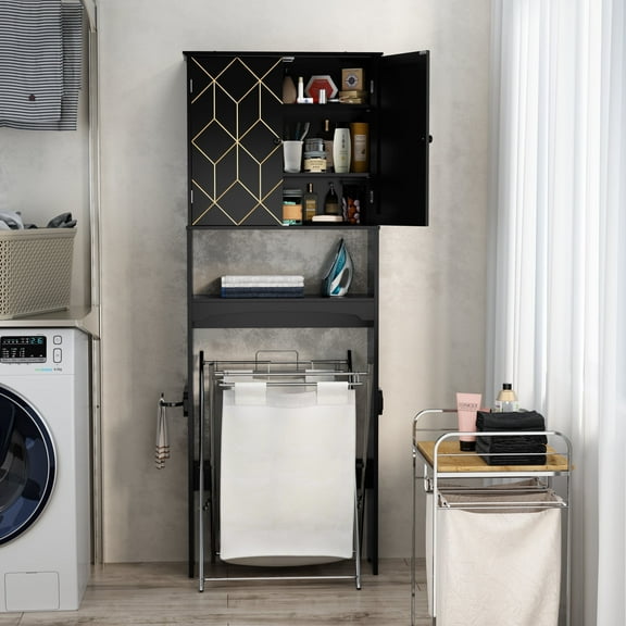 HLR Over The Toilet Storage Cabinet, Bathroom Above Toilet Storage Cabinet with Doors and Adjustable Shelves, Black