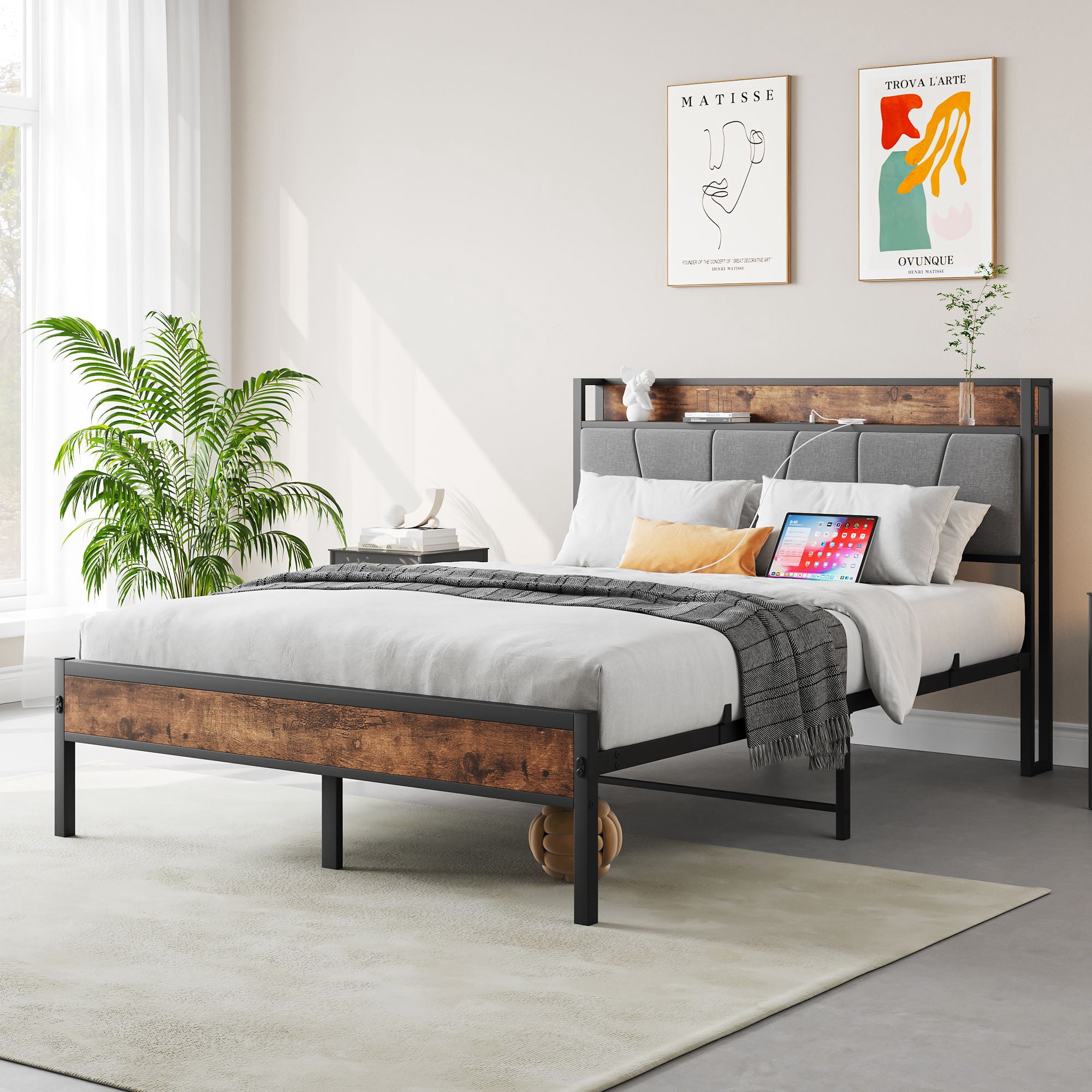 Aukfa Full Size Bed Frame with 2-Tier Storage Headboard Shelf and Charging Station, Brown