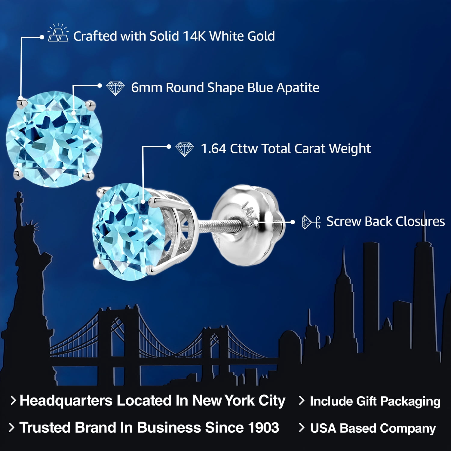 Gem Stone King 14K White Gold Screwback Stud Earrings for Women Men 1.64 Ct Round 6mm Blue Apatite