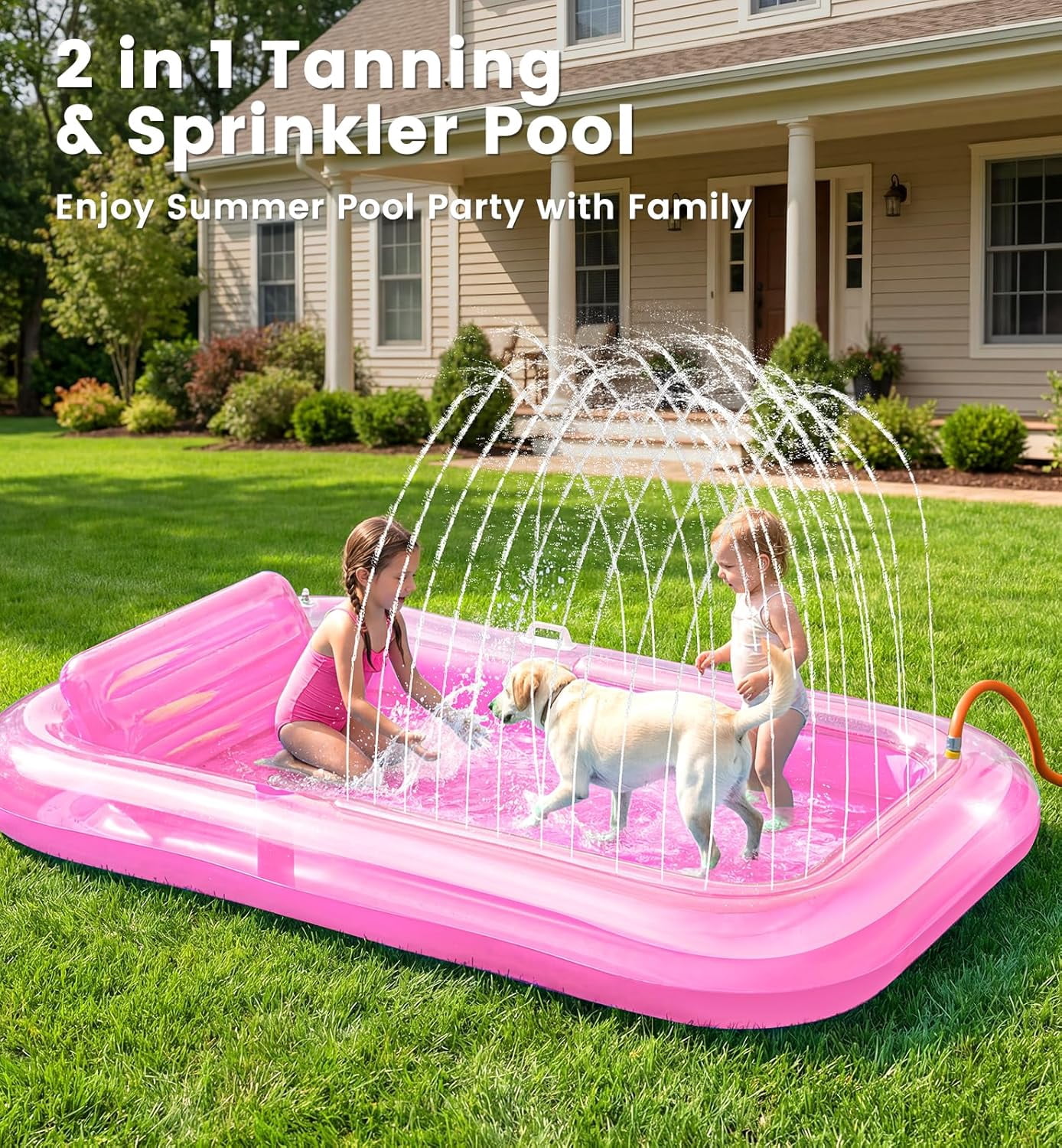 Inflatable Tanning Pool Lounger Float with Sprinkler, 77" x 48" Pool Floats Adult with Pillow, 6 in 1 Suntan Tub Raft Floatie with Drink Holder Sunbathing Water Lounge L