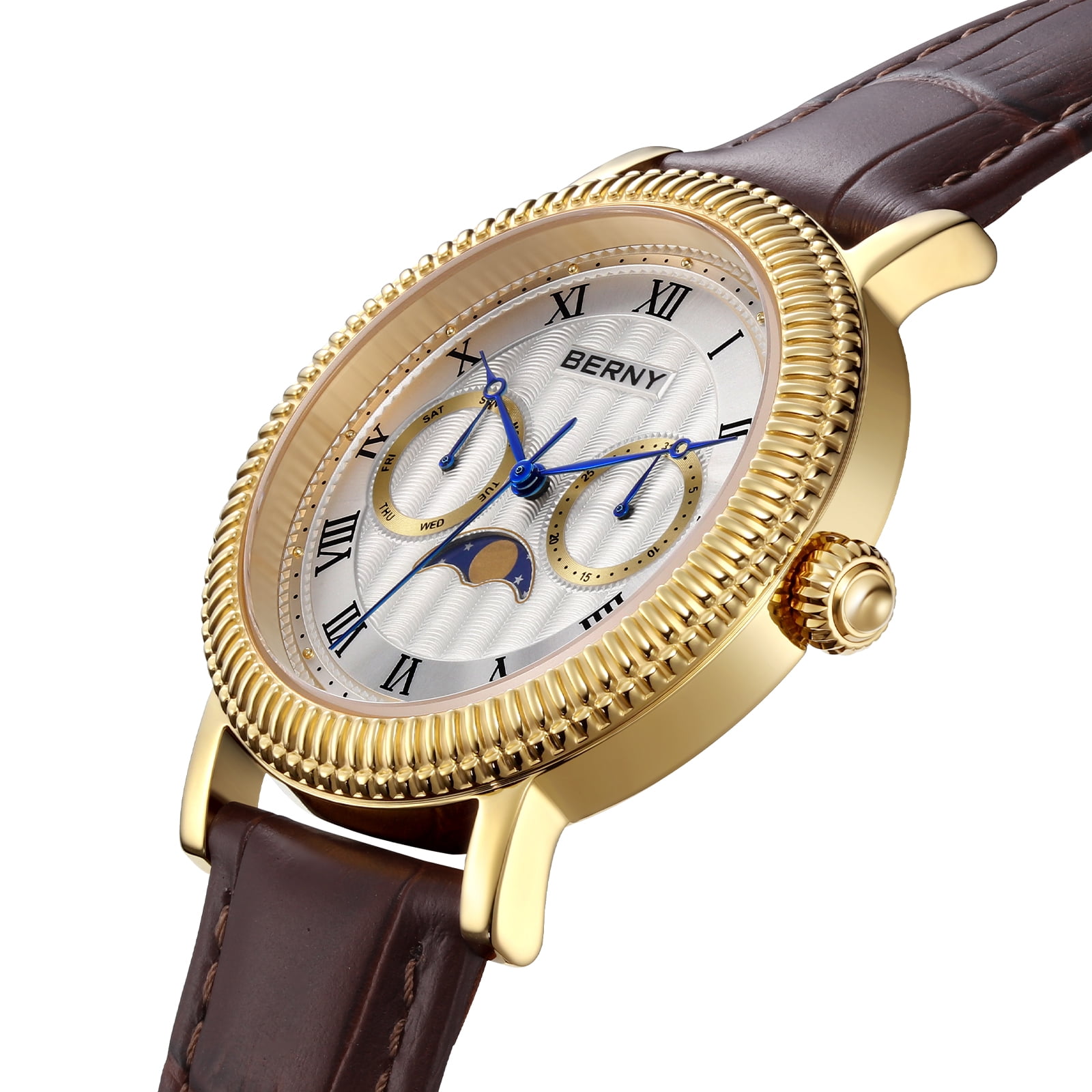 BERNY Mens Leather Watch, Vintage Roman Numerals Moon Phase Dress Watch with Day & Date, Stainless Steel, Sapphire Crystal, Waterproof, Fashion Luxury Analog Quartz Wrist Watches for Men (Gold)