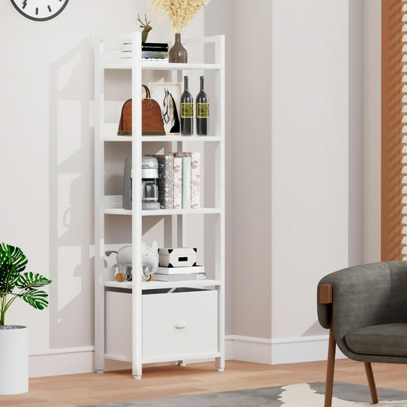 Satifur 5 Tier Bookcase with Removable Drawer Tall Standing Storage Shelves, Indoor Furniture Storage Shelves, Rustic Brown