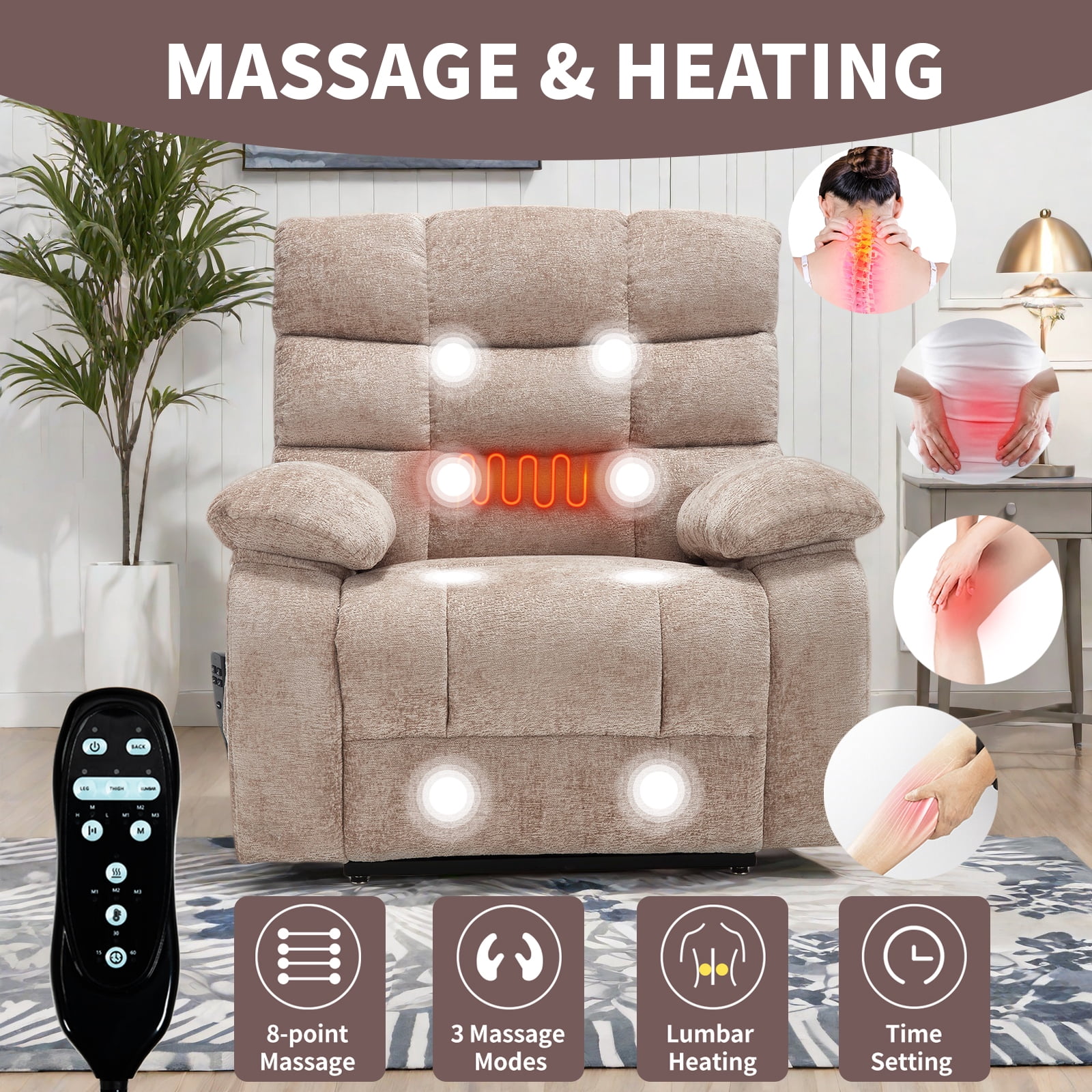 Power Lift Recliner Chair, Heat Massage Dual Motor Infinite Position 350 LBS Heavy Duty, Electric Remote Recliner for Elderly, Medium-Firm Chenille, Beige