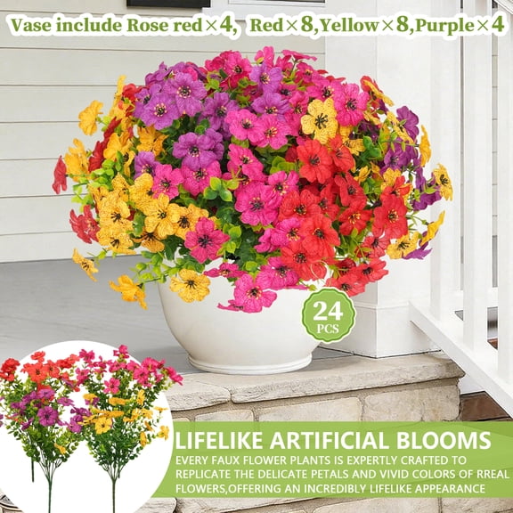 24Pcs Artificial Flowers for Outdoor Spring Decoration with Fake Plants, Silk Realistic Anti Uv Outdoor Flower Pots, Porch, Courtyard Garden, Home Indoor, Mixed