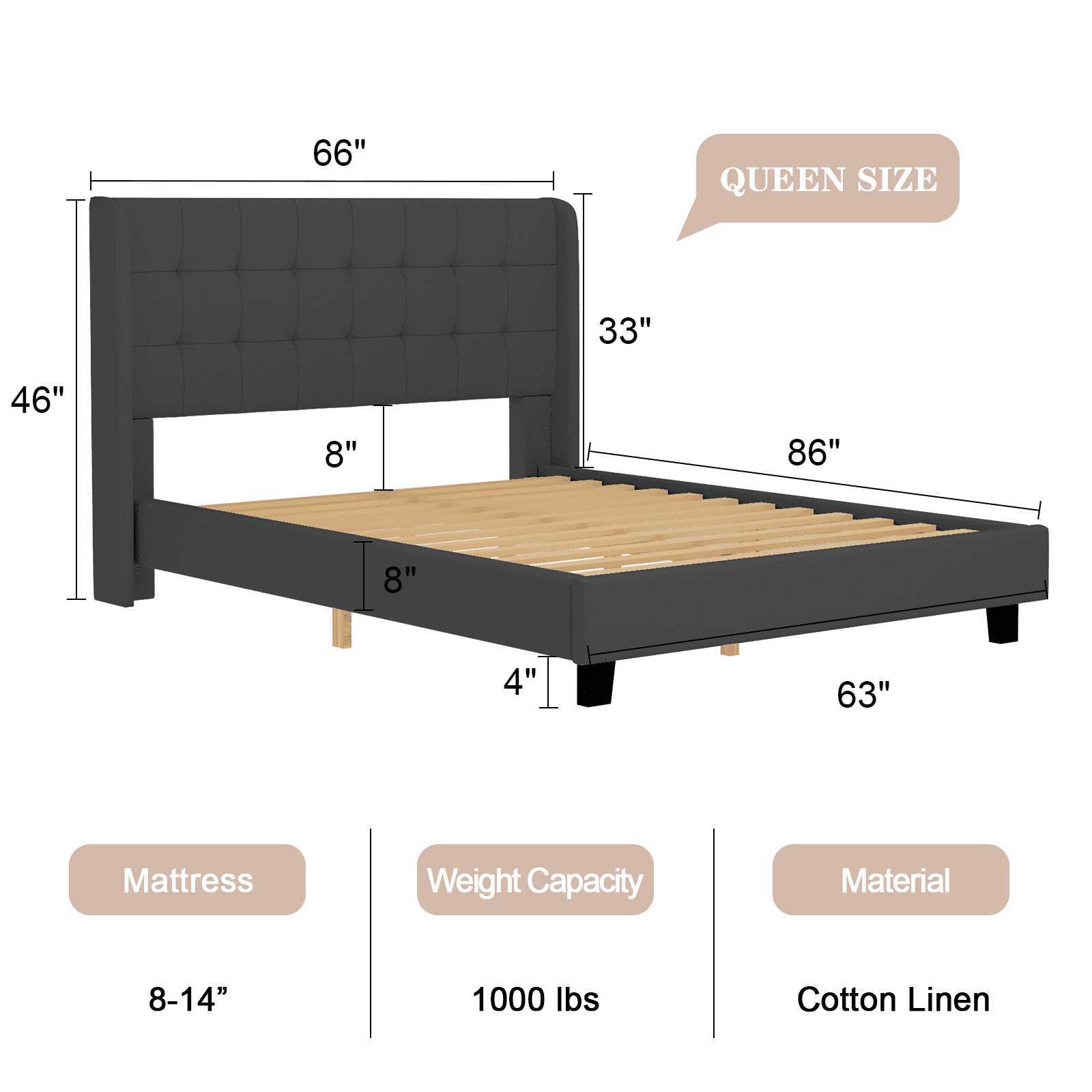 Nathaniel Home, Cotton Linen Beds, Queen Beds Frame, Tufted Upholstered Bed with Wingback, Low Profile Platform Beds, Strong Wooden Slats, Black Adult