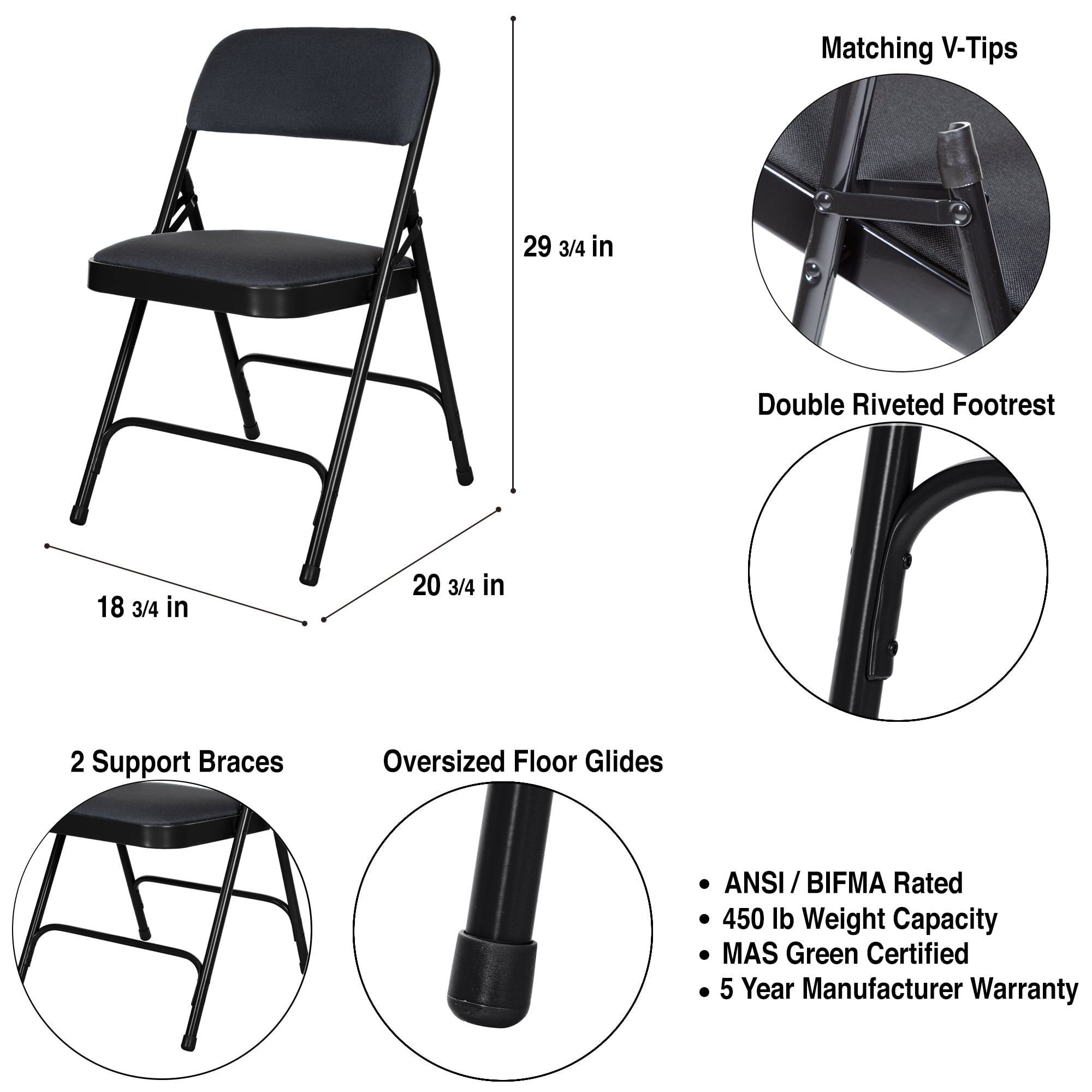 Hampden Furnishings Bernadine Collection Fabric Padded Folding Chair, Black, Pack of 4