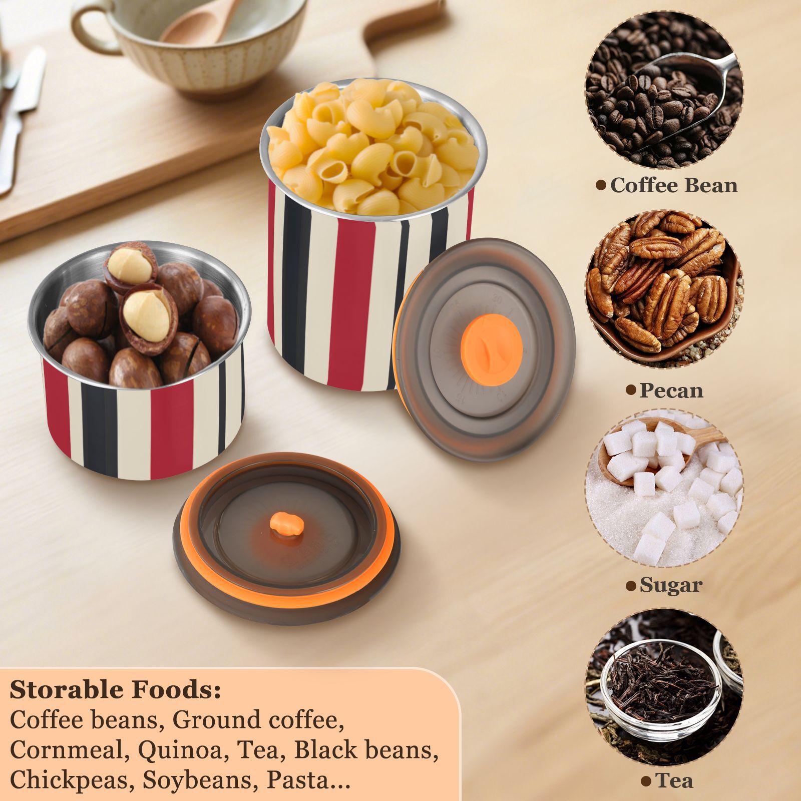 Red & Black Stripes Airtight Coffee Bean Canister 30oz Food Storage Containers with Lids For Gournd, Tea, Sugar, Flour, Rice, Cereal, Candy Cookie Jar
