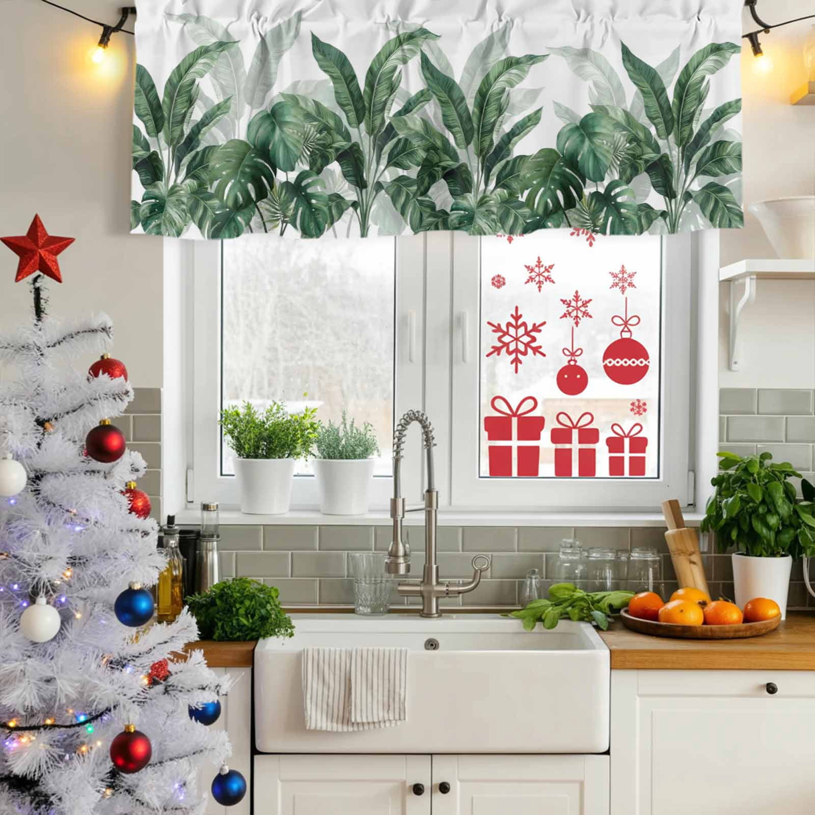 2 Pack Valances for Windows, Palm Leaves Tropical Window Valances for Living Room/Bedroom/Bathroom, Green Botanical Summer Light Filtering Kitchen Curtain Valance Window Treatment 60"W x18" L