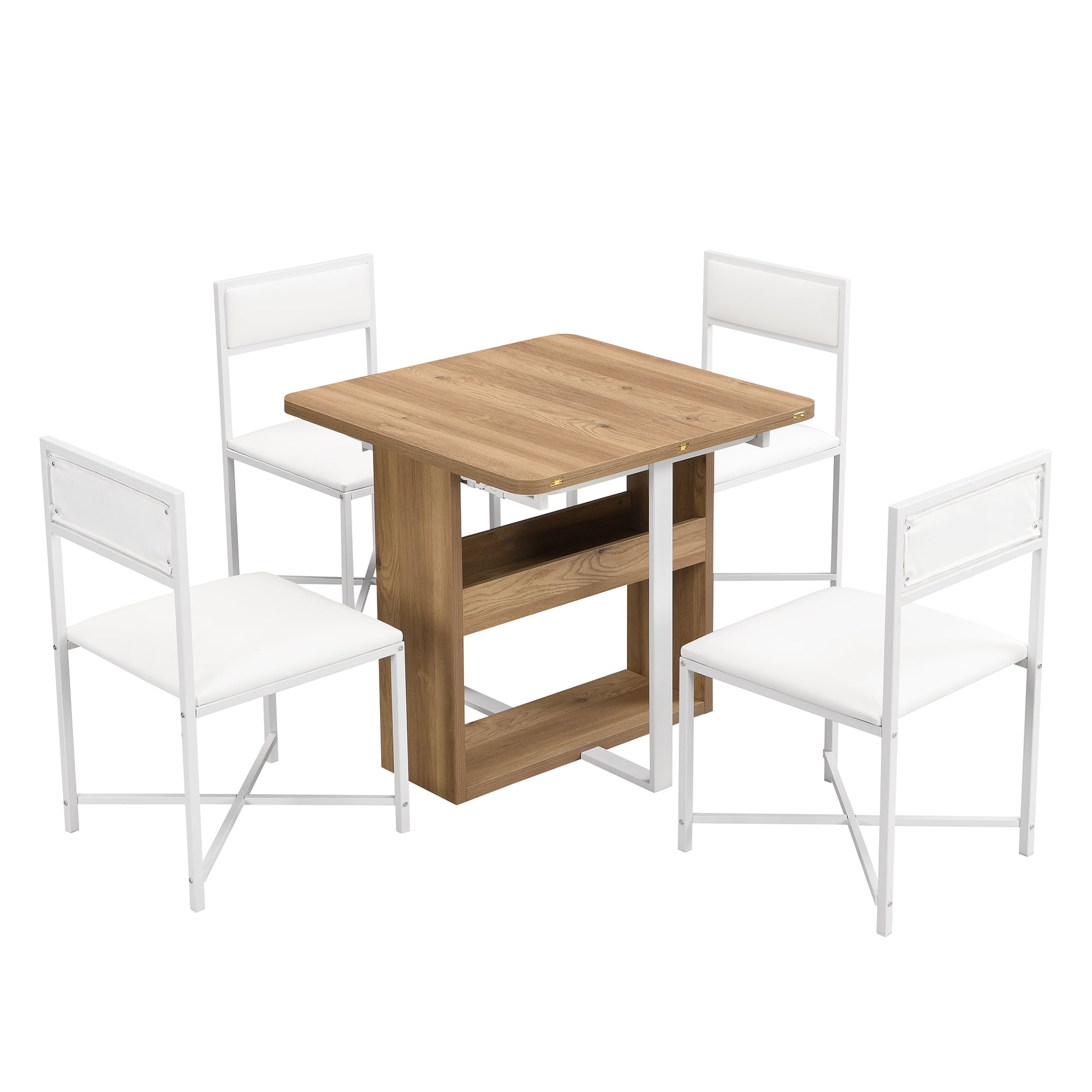 Euroco 5-Piece Extendable Dining Table Set for 4, Modern Compact 63" Foldable Square Kitchen Table Set with Storage Rack and 4 Upholstered Chairs for Small Places,White