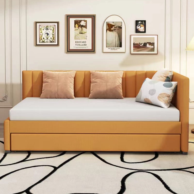 Aukfa Daybed with Trundle, Twin Size Upholstered Bed Frame, Yellow