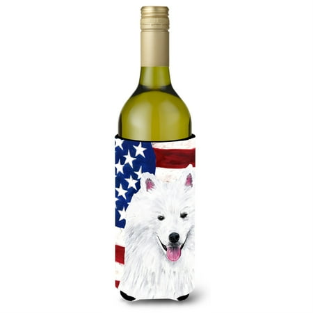 

USA American Flag with American Eskimo Wine Bottle Beverage Insulator Beverage Insulator Hugger