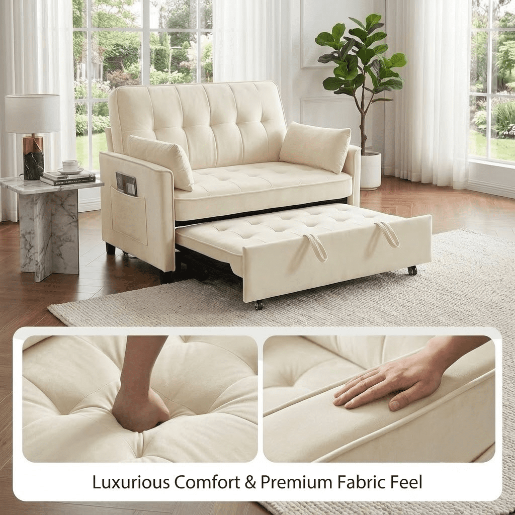Howcool 55" Convertible Sofa Bed Pull Out Couch Sleeper Sofa with Adjustable Backrest USB Charging Ports Side Pocket Terry Cloth Fabric for Living Room Small Spaces,Beige