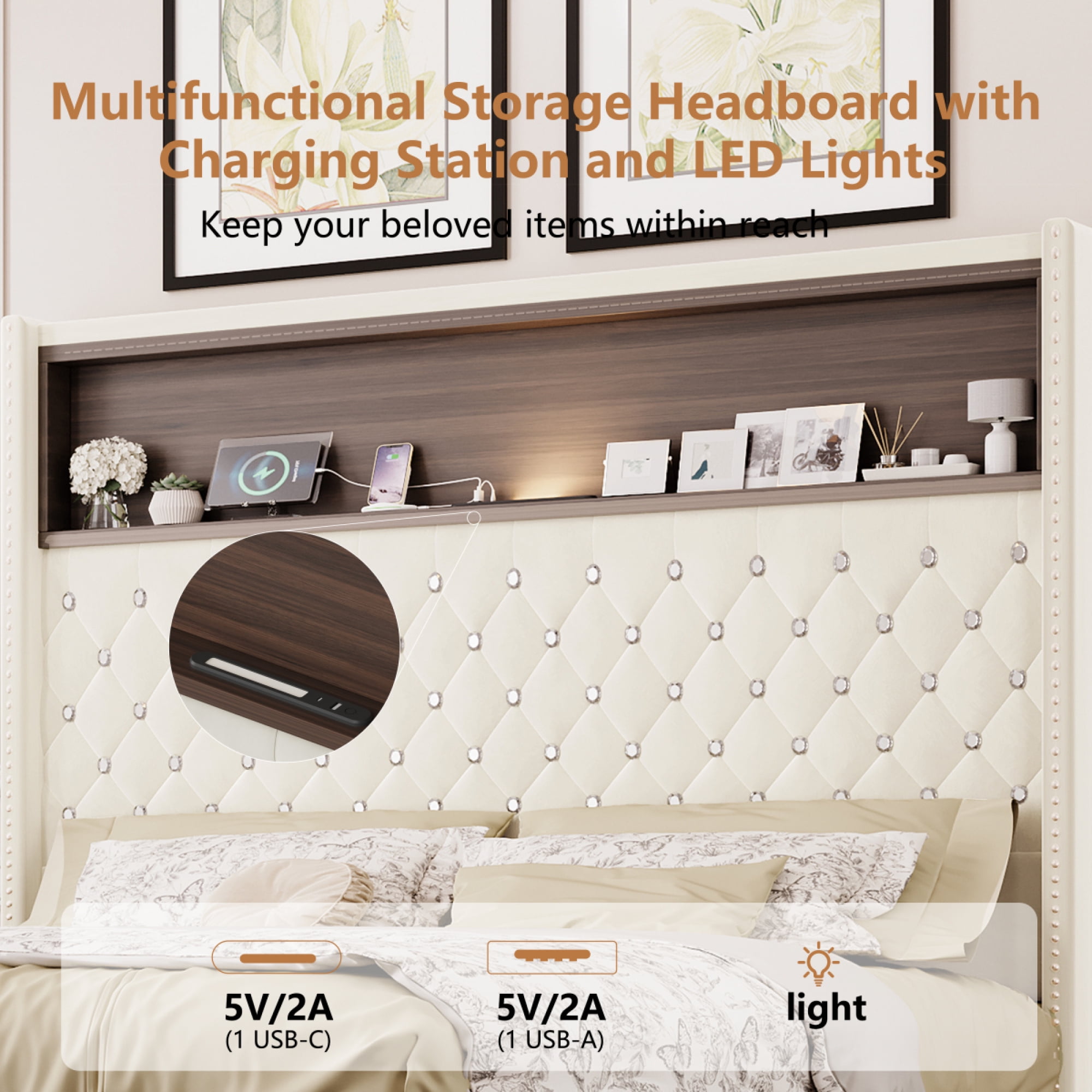 Queen Size Velvet Tufted Wing-back Bed Frame - 52'' High Rivet Headboard with Shelf, USB Port & Night Light, Soft Platform Bed,Black