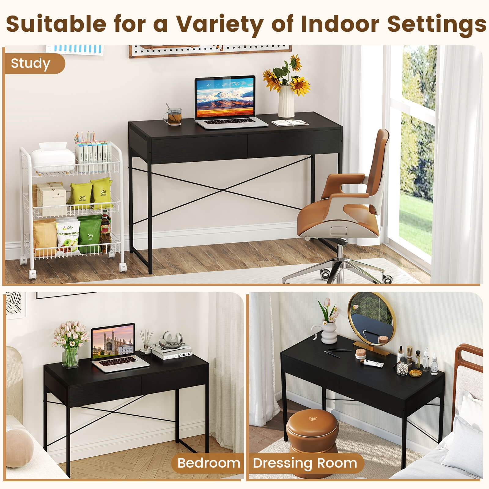 Costway Modern 2-Drawer Computer Desk wIth Reinforced Heavy-Duty Metal Frame Anti-Tip Kit