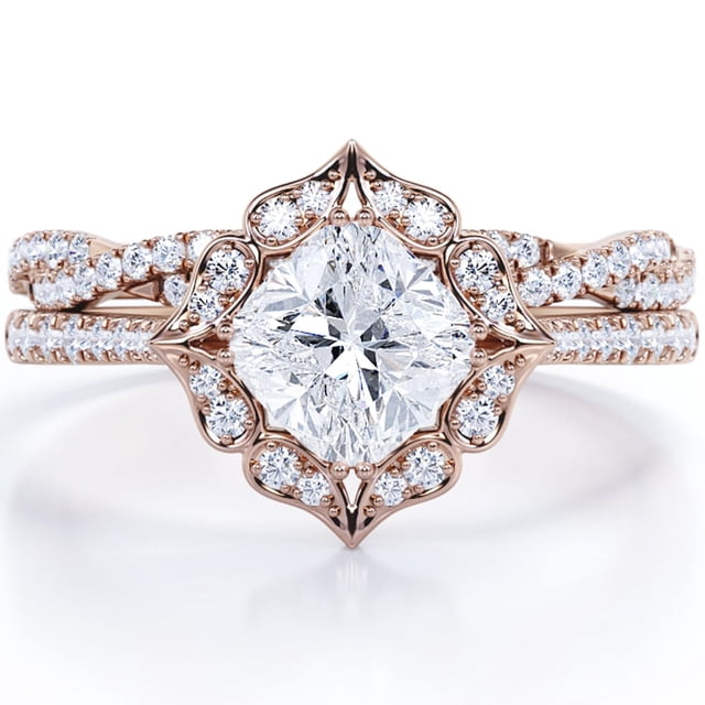 JeenMata Anillo Nupcial con Pavé Infinito de Moissanita de Talla Cojín de 1,75 Quilates y Racimo de Flores Engastado en Plata