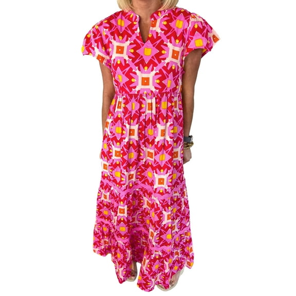 Women's Strawberry Pink Geo Print V-Neck Maxi Dress - [ZhiHiMeRi] | (US 12-14)L