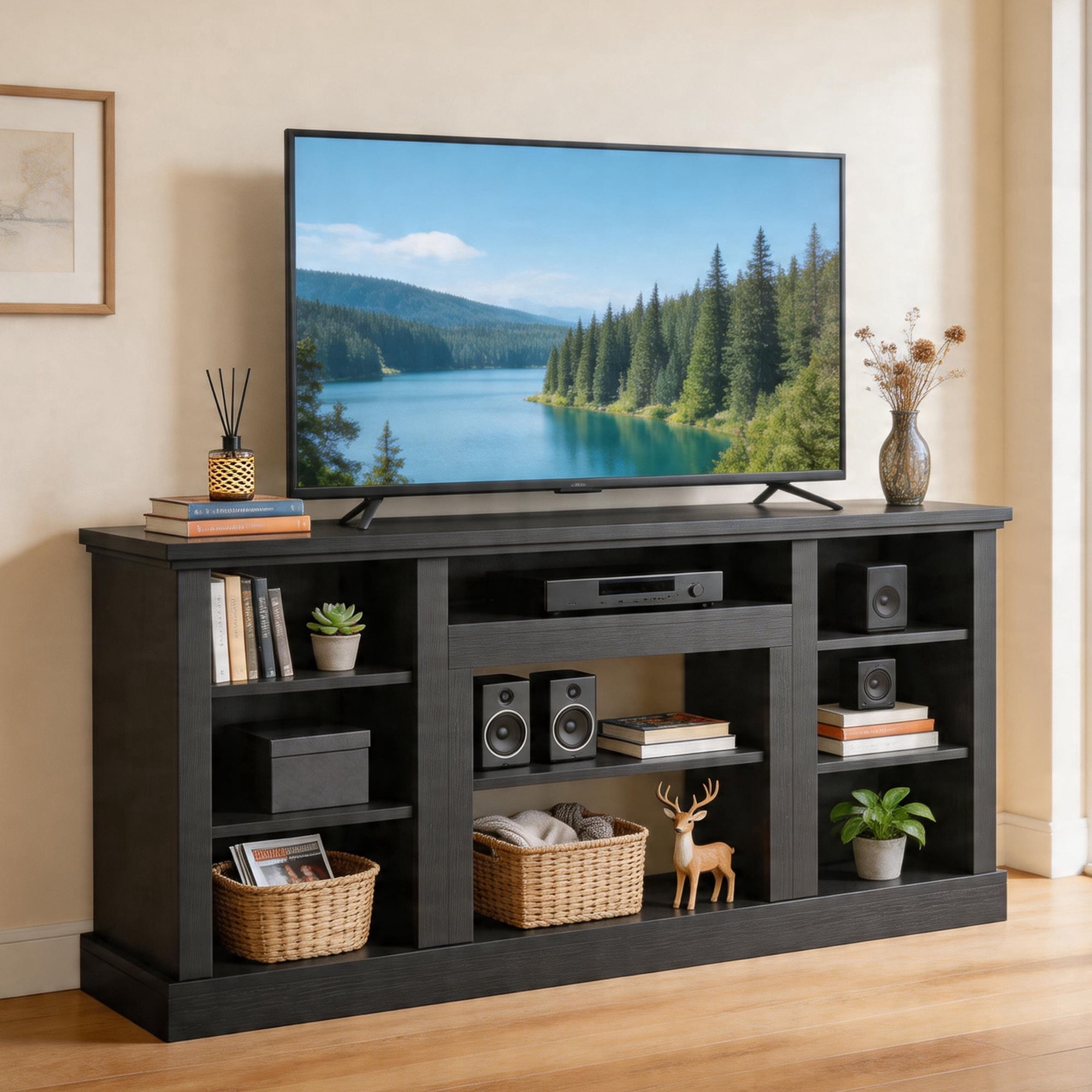Uforic 70"W Farmhouse TV Stand, Adjustable Shelf Entertainment Center for 75/80 Inch TVs, Black