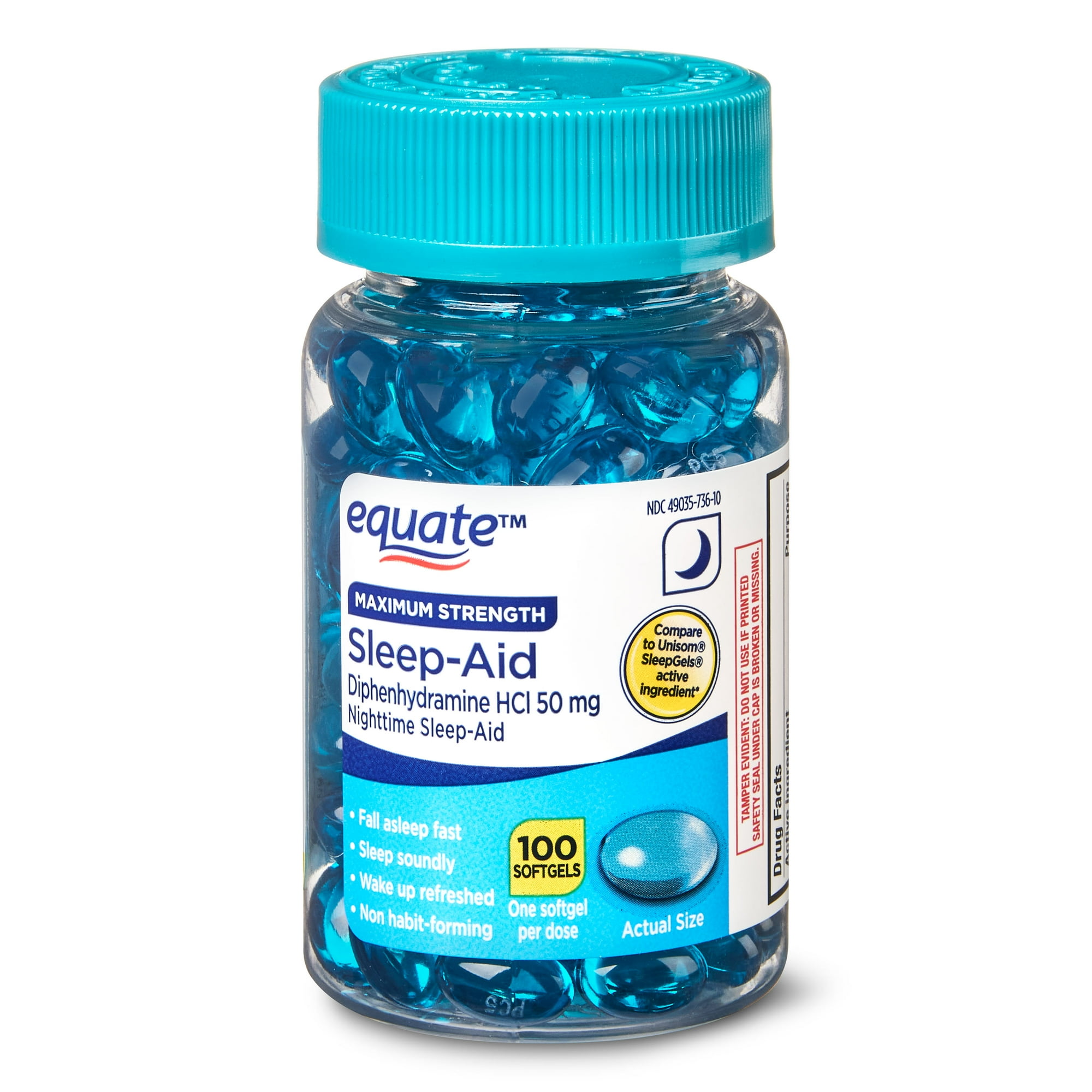 Equate Maximum Strength Nighttime Sleep-Aid Diphenhydramine HCl Sleep Support Softgels, 50 mg, 100 Count, Compare to Unisom® SleepGel®s Active Ingredient