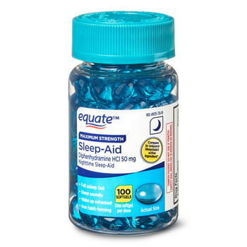 Equate Maximum Strength Diphenhydramine HCl -Aid Softgels, 50 mg, 100 Count