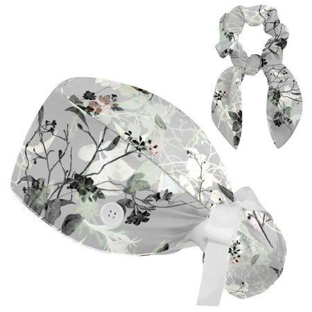 

Working Cap with Buttons and Sweatband Scrub Hat Bouffant Caps with Scrunchie Leaf and Flowers Tie Back Hats