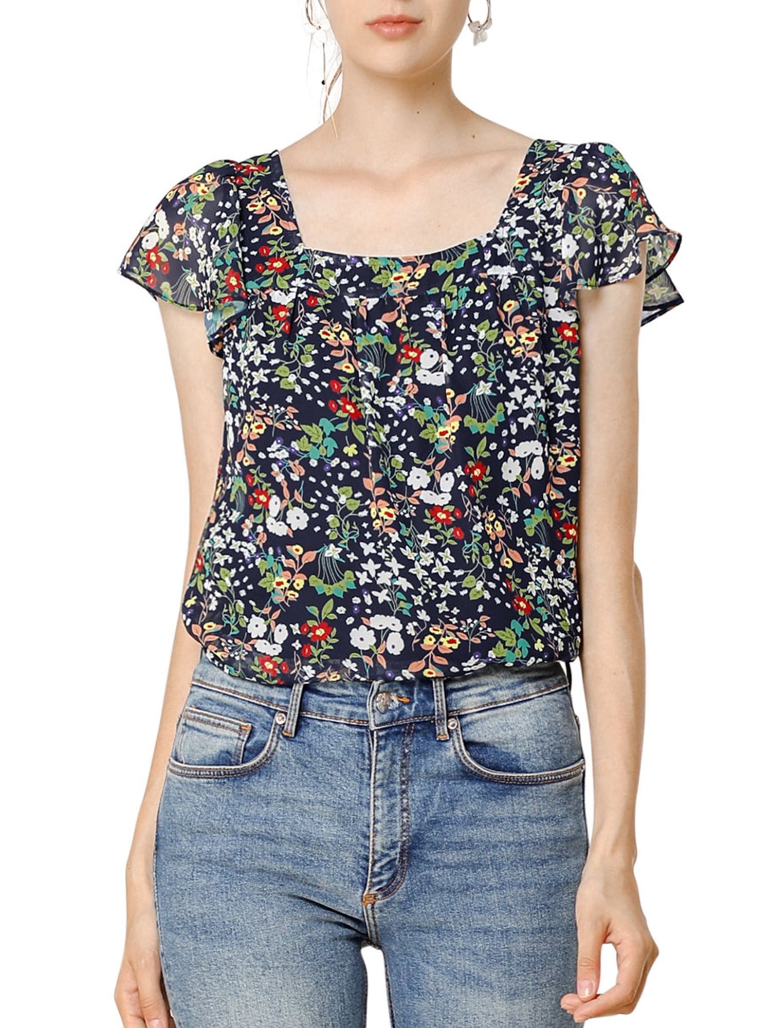 DARING DIVA Women's Floral Ruffle Sleeve Chiffon Blouse Top XS Navy Blue