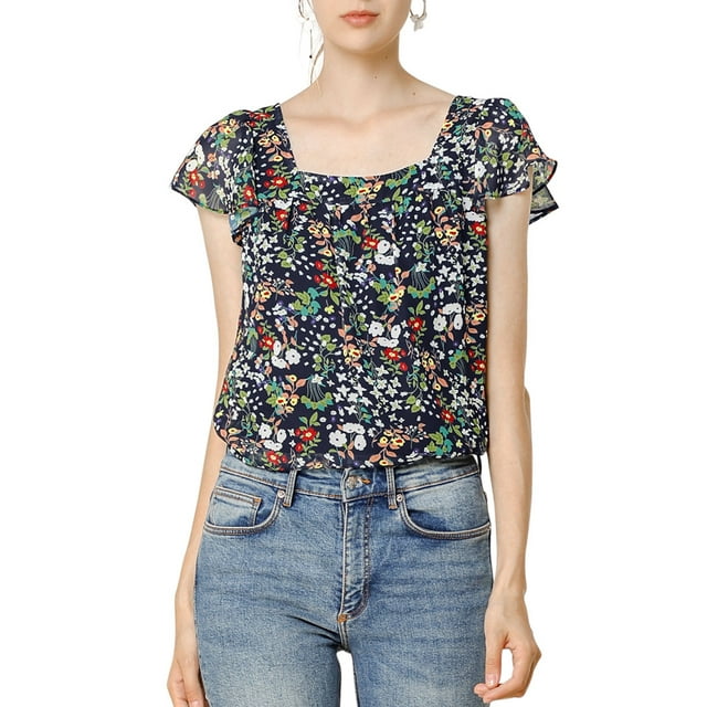 BLUSA FLORAL PARA MUJER INSPIRADA EN SAN VALENTÍN, CASUAL DE VERANO, CUELLO CUADRADO, MANGA CORTA CON VOLANTES, TALLA 3XL, AZUL MARINO
