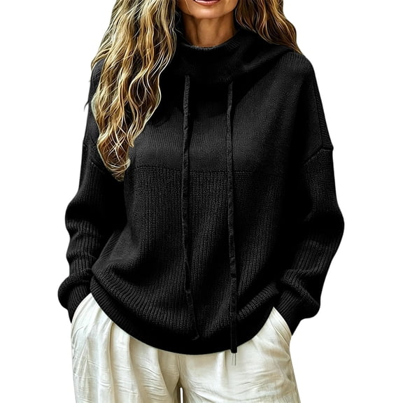 Yigetop Warm Sweaters for Women Fall Winter Cowl Neck Knit Sweater Long Sleeve Casual Soft Chunky Lightweight Loose Cozy Pullover Tops for Daily Wear Black L