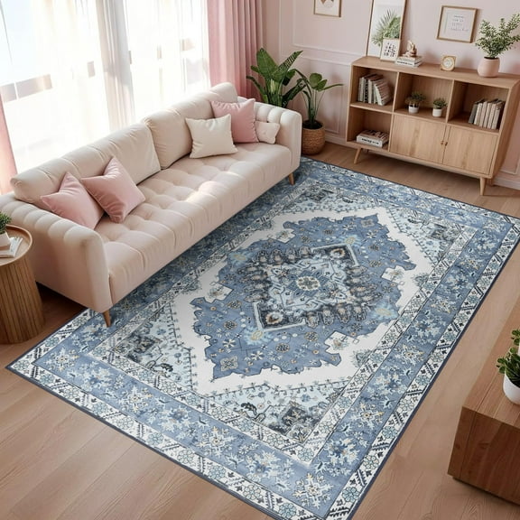 Wondo 8x10 Blue Area Rug - Machine Washable Non-Slip Rubber Backing, Low Pile Vintage Carpet for Living Room Bedroom Kitchen Dining Office