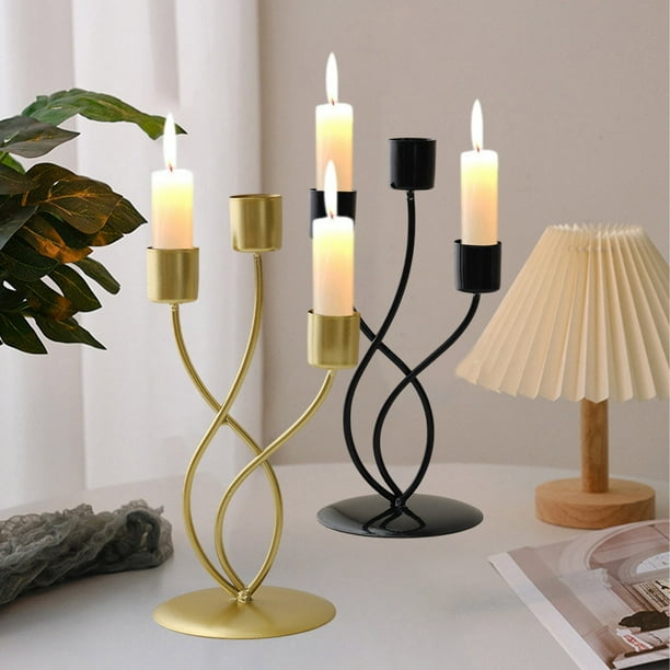Centro de mesa para candelabros de hierro dorado – Candelabro curvado de 3 cabezas para una decoración romántica elegante de mesa, boda y hogar, negro moderno o dorado, 23x10x10cm