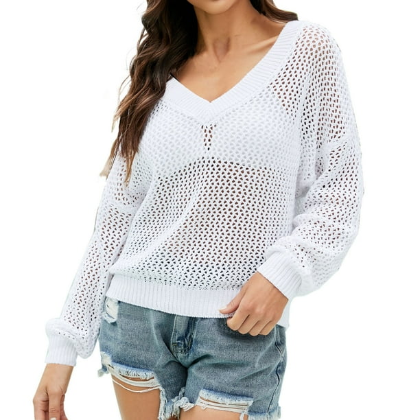 Gibobby Suéter de Mujer Solid Top Knit Out Sweater Color Wool V Neck Summer Sexy Hollow Women's Pullover Sweater (Blanco, S)