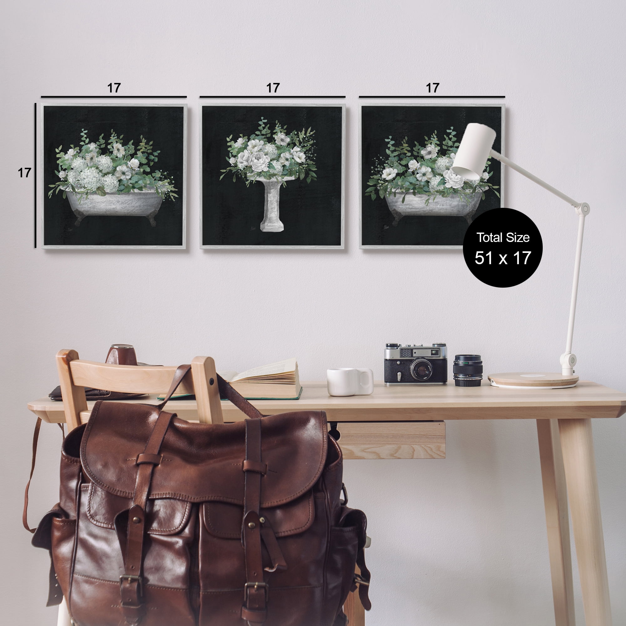 Stupell Industries Vintage Bathroom Hydrangeas Botanical & Floral Painting Gray Framed Art Print Wall Art, 17 x 17, Set of 3