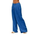 thumbnail image 5 of Cotton Linen Pants Women Flowy Comfy Low Rise Wide Leg Pants Casual Lounge Drawstring Boho Beach Palazoo Trousers Blue M, 5 of 6