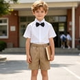 thumbnail image 4 of BRGZLK Back to School Outfits Boys 2026 Summer Trendy Short Sleeve Button Up Shirts and Shorts with Bow Tie Sets Kids School Uniform Khaki 4-5 Years, 4 of 9