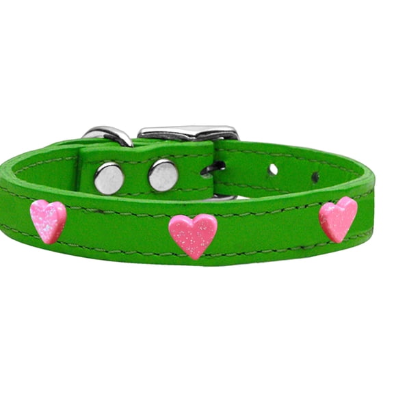 Pink Glitter Heart Widget Genuine Leather Dog Collar Size 20 Emerald Green