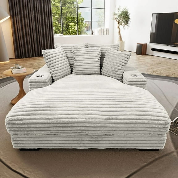 Oversized Cuddler Chaise Sofa with Cupholder and USB, Living Room Accent Chair, Modern Living Room Lounger, Taupe